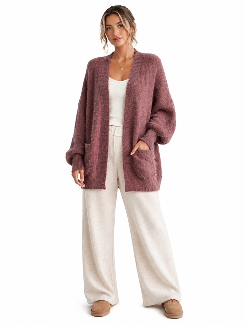 PINCH Dusty Rose Fuzzy Knit Open Front‎ Cardigan Sweater Oversized Cozy